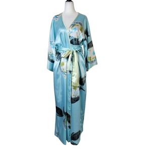 Natori maximalist floral Satin Robe in Light Blue and Black